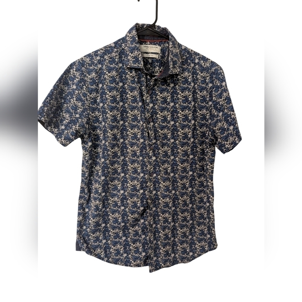 Denim&Flower,Men's Blue Floral Short Sleeve Shirt,Size S